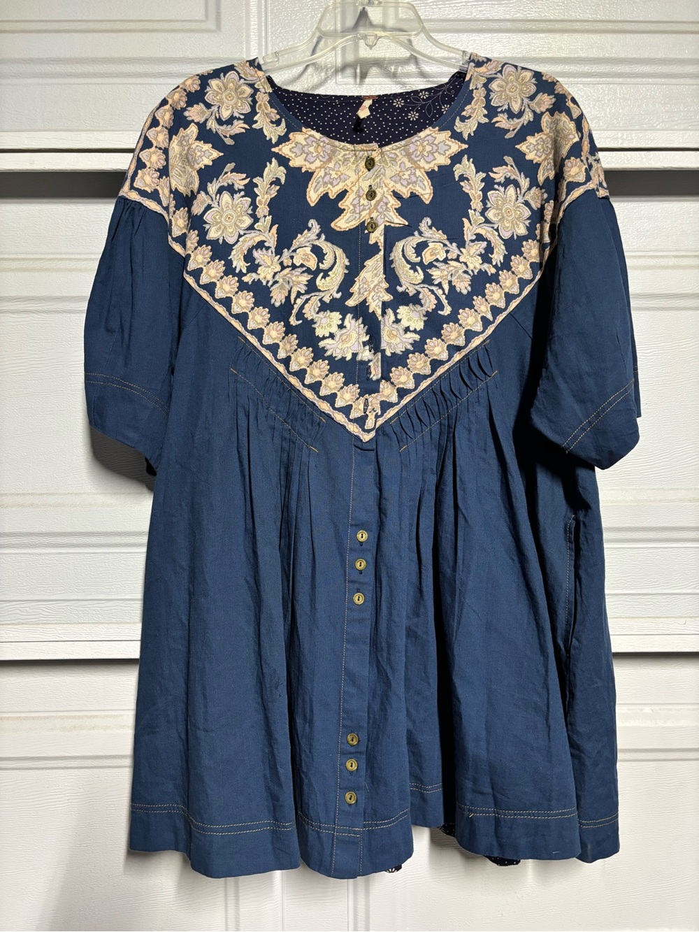 Free People Navy Mini Dress with Cream Embroidered Yoke